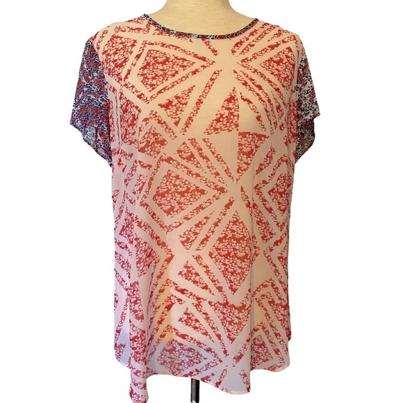 CAbi #732 Semi Sheer Coquette Red White Geometric Blouse Size Medium‎ - Picture 2 of 10